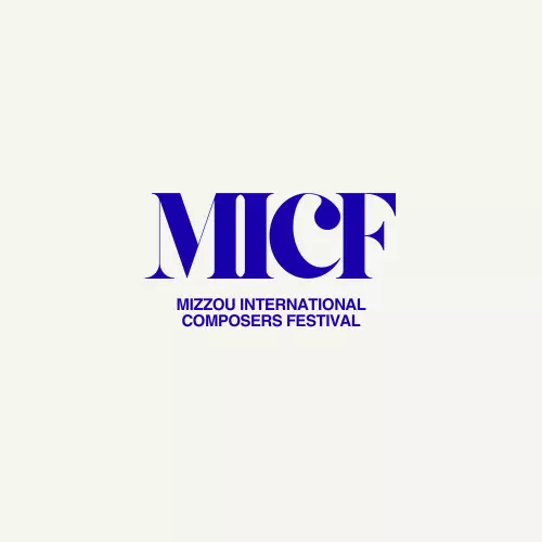 blue logo that says "MICF" in a chunky fonton a beige background