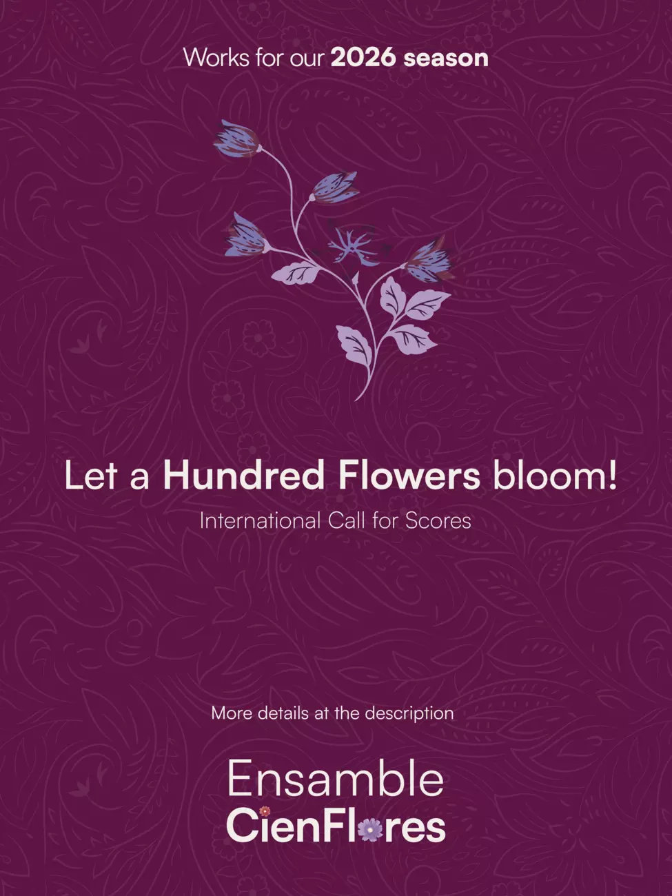 🌷 We are very pleased to announce the opening of our first call for scores, inviting composers of all ages and nationalities to submit works to be considered for inclusion in our 2026 concert season. 🌺    We welcome micro pieces (premiered or not) with a suggested duration of 2–3 minutes. The use of the full ensemble is not mandatory, but it is encouraged.    Available ensemble:  Soprano  Violin  Viola  Classical guitar  Flute / Alto saxophone / Bass clarinet (1 performer)  Clarinet in Bb/A (1 performer) 