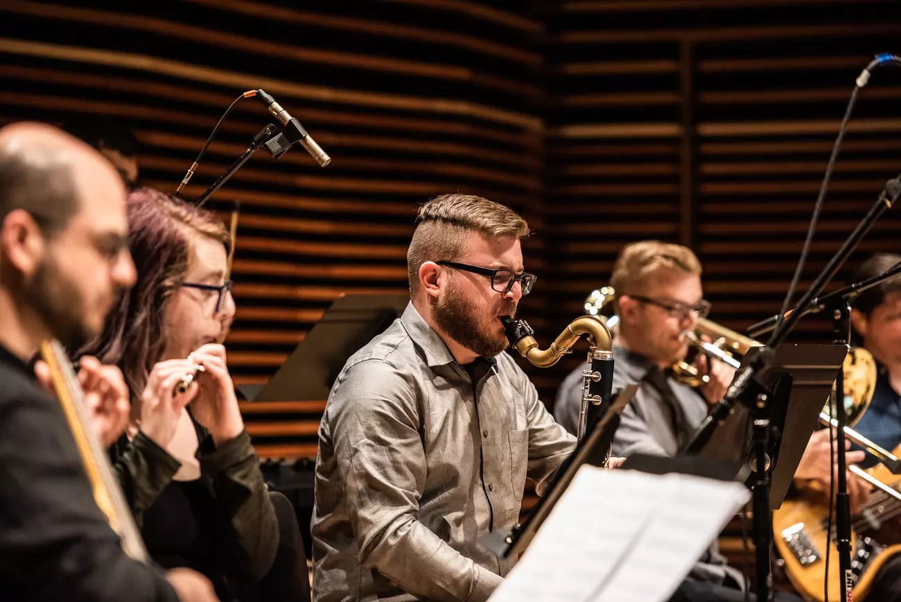 intrumentalist musicians record music on a the recital hall stage at University of Tennessee-Knoxville