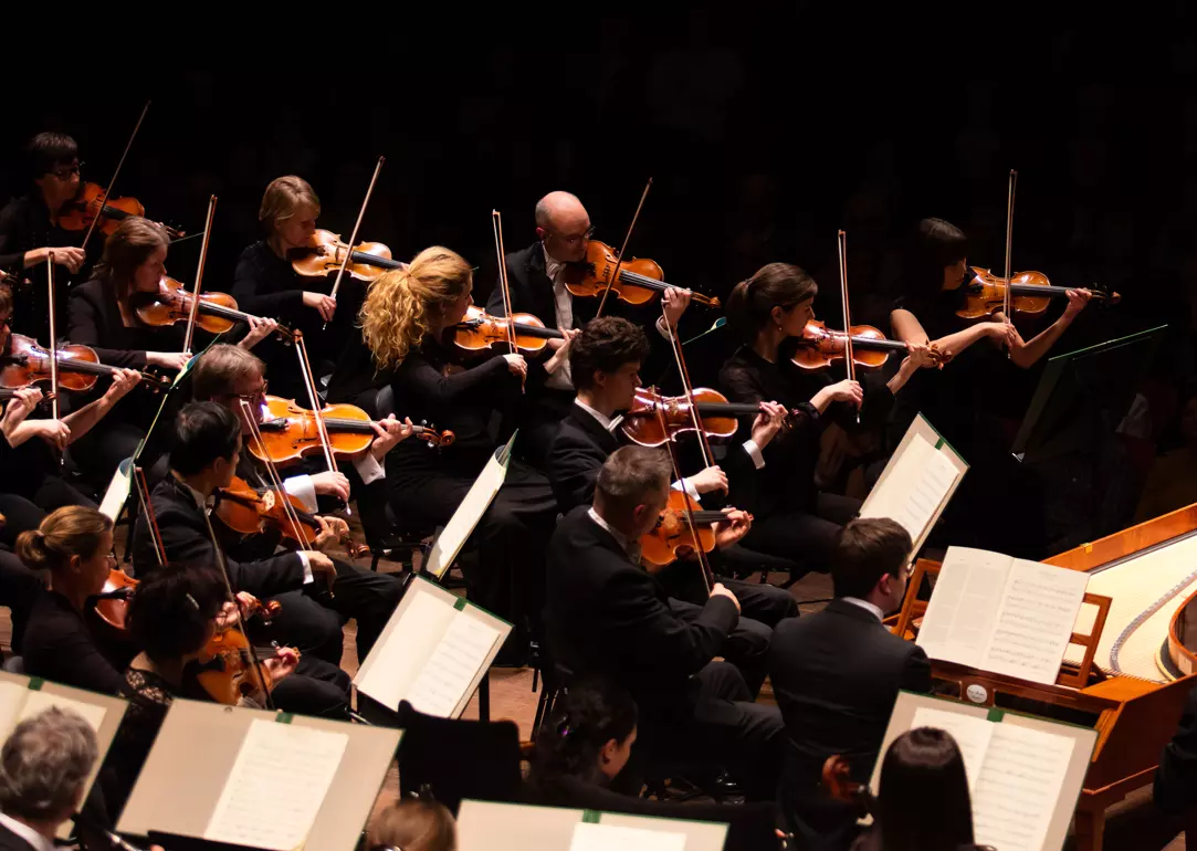 View of the orchestra playing their instruments. 