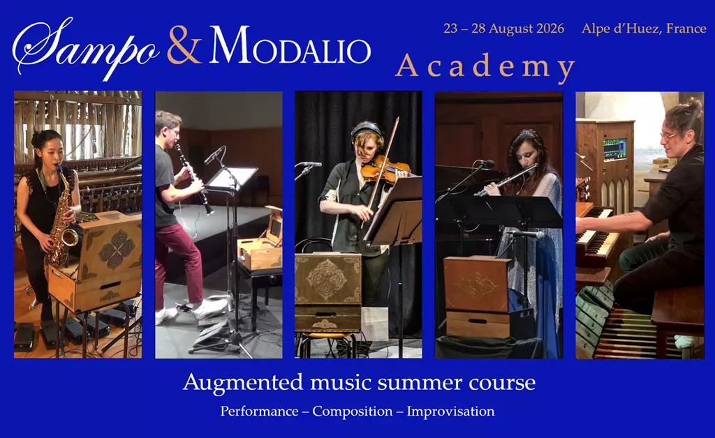 Augmented music summer course. Image of five contemporary musicians playing with instrument and electronics.
