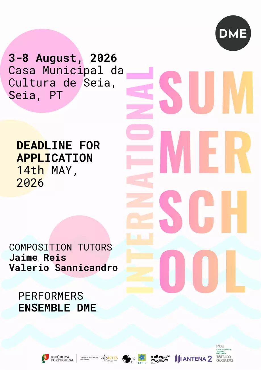 Colorful and modern Summer School poster highlighting the event name, dates, location, performers (Ensemble DME) and composition tutors (Jaime Reis and Valerio Sannicandro)