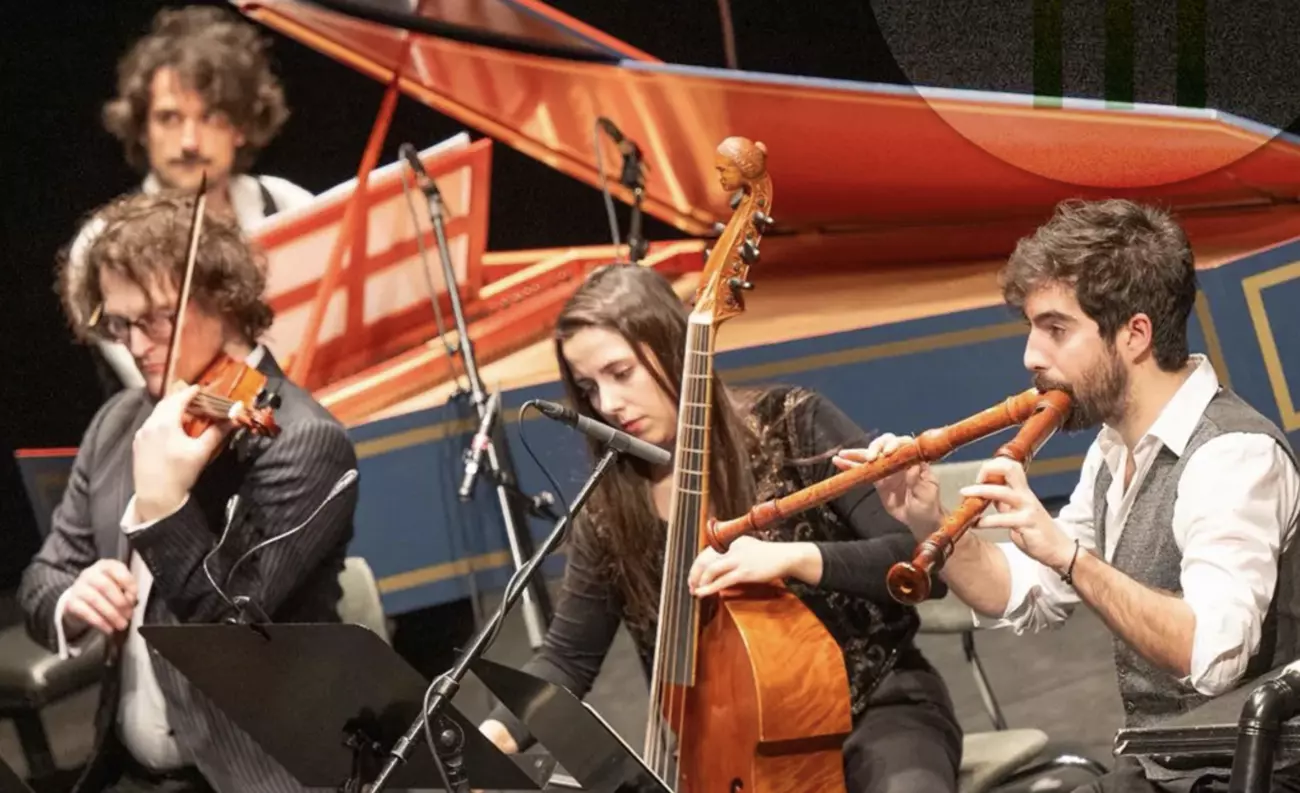 Members of ensemble Continuum XXI playing instruments on stage
