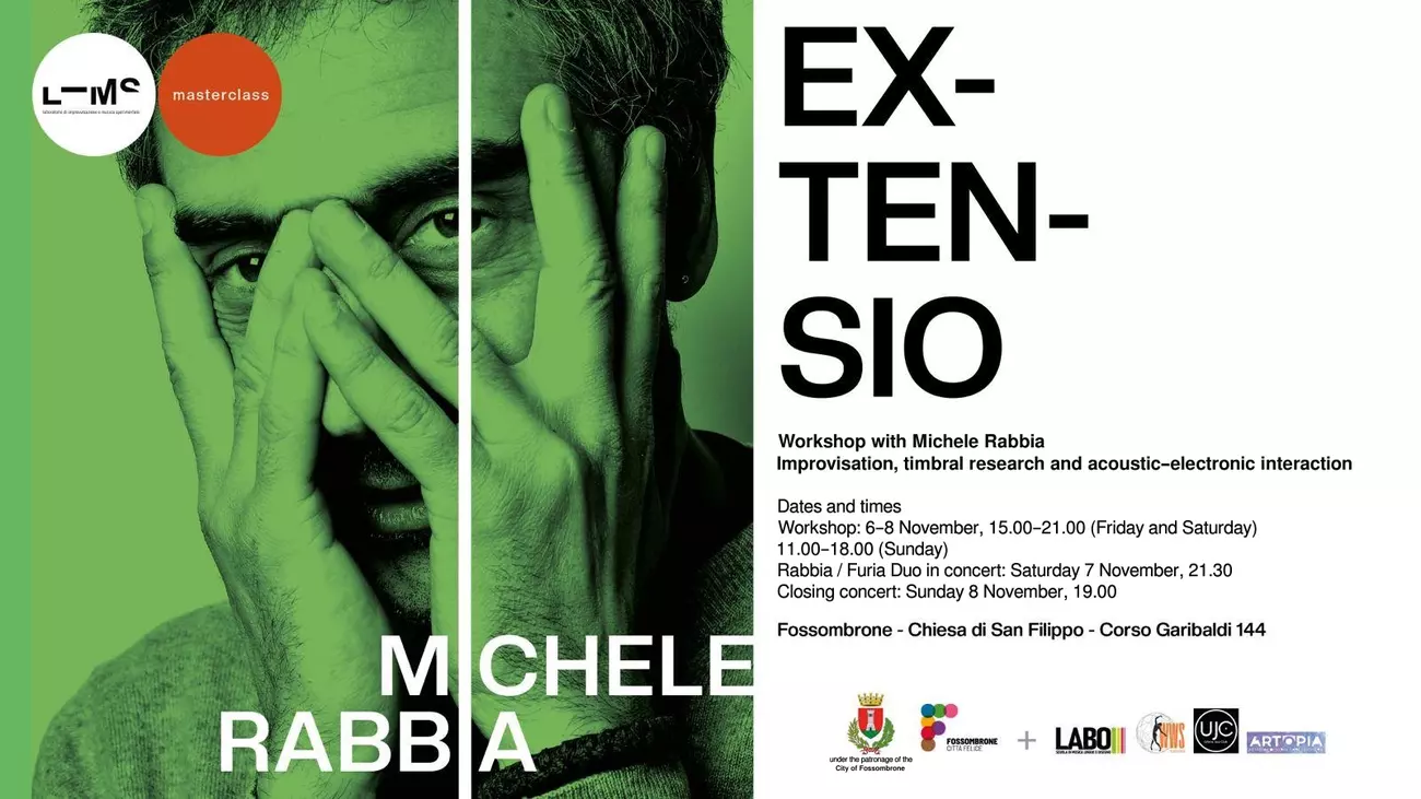 Poster for EXTENSIO, a masterclass with Michele Rabbia organised by LIMS. On the left, a green-toned portrait of Rabbia covering his face with his hands, split by a vertical white line; on the right, the title "EX-TEN-SIO" in large black letters. Workshop on 6–8 November 2026 at the Chiesa di San Filippo, Fossombrone, with concerts on 7 and 8 November.