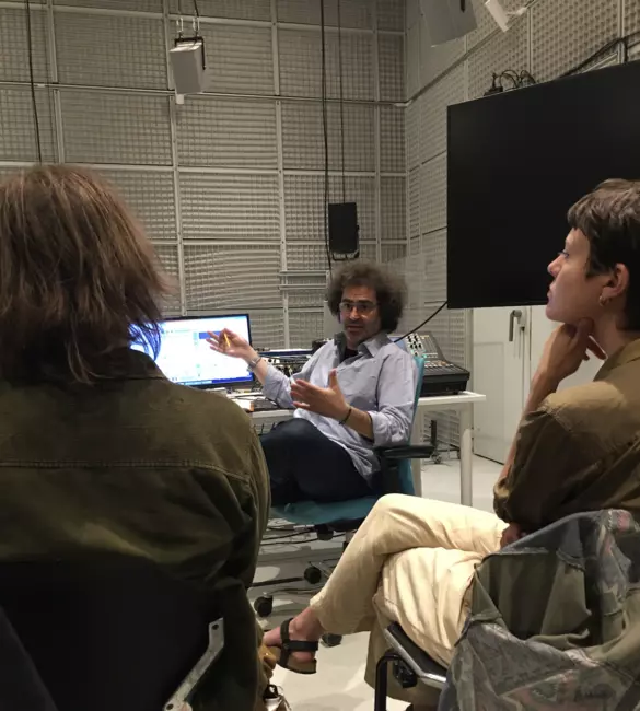 Laura Palmi (on the right), ULYSSES journey for composers, Spatial Composition Workshop in Ircam, ManiFeste-2025 academy